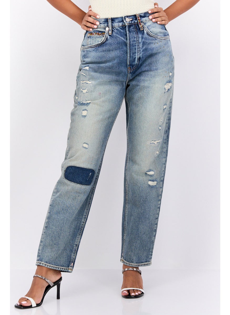 Women Classic Boyfriend Fit Rip N-Stretch The Bay Straight Leg Denim, Blue