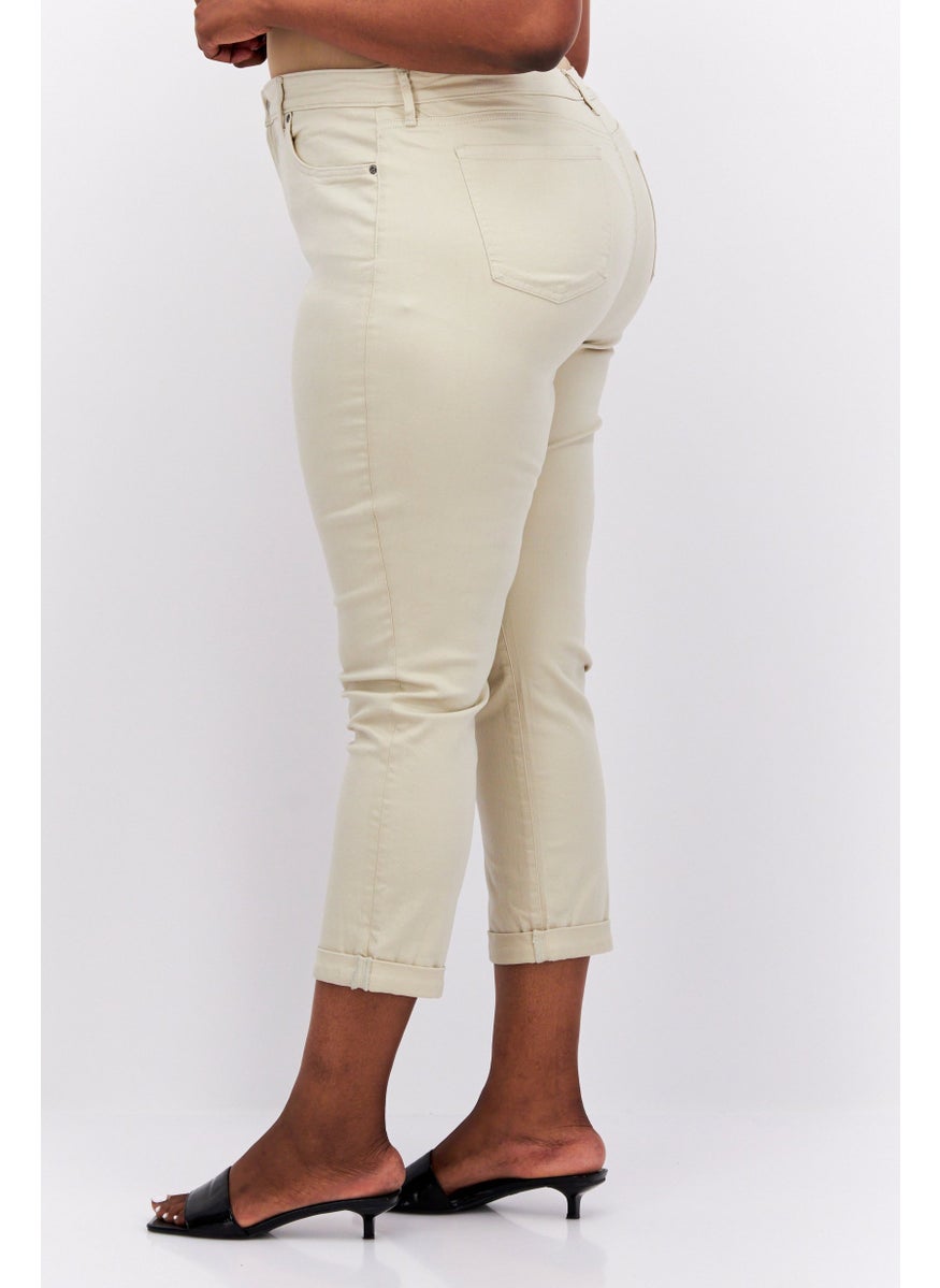 Women Regular Fit Plain Stretchable Jeans, Beige