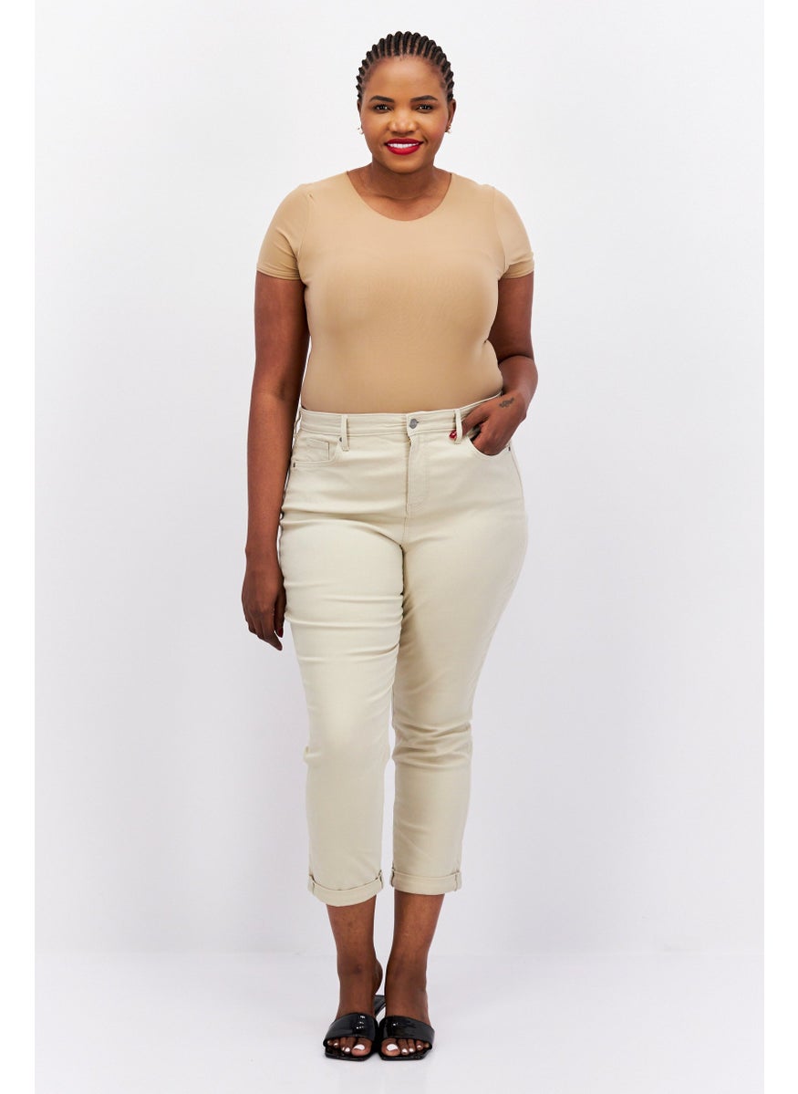 Women Regular Fit Plain Stretchable Jeans, Beige