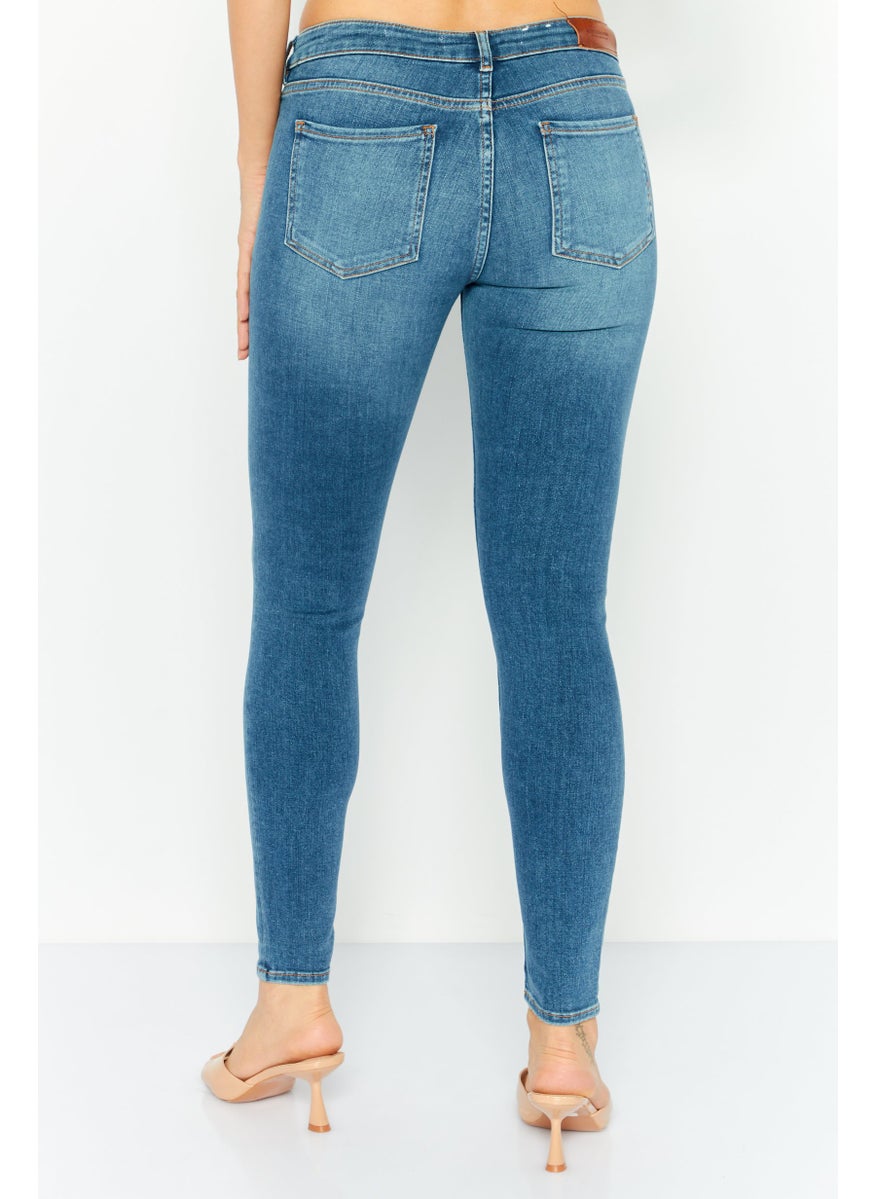 Women Skinny Fit Mid Rise Washed Stretchable Straight Leg Denim, Blue