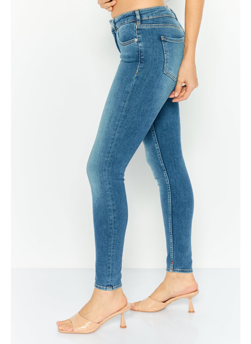 Women Skinny Fit Mid Rise Washed Stretchable Straight Leg Denim, Blue