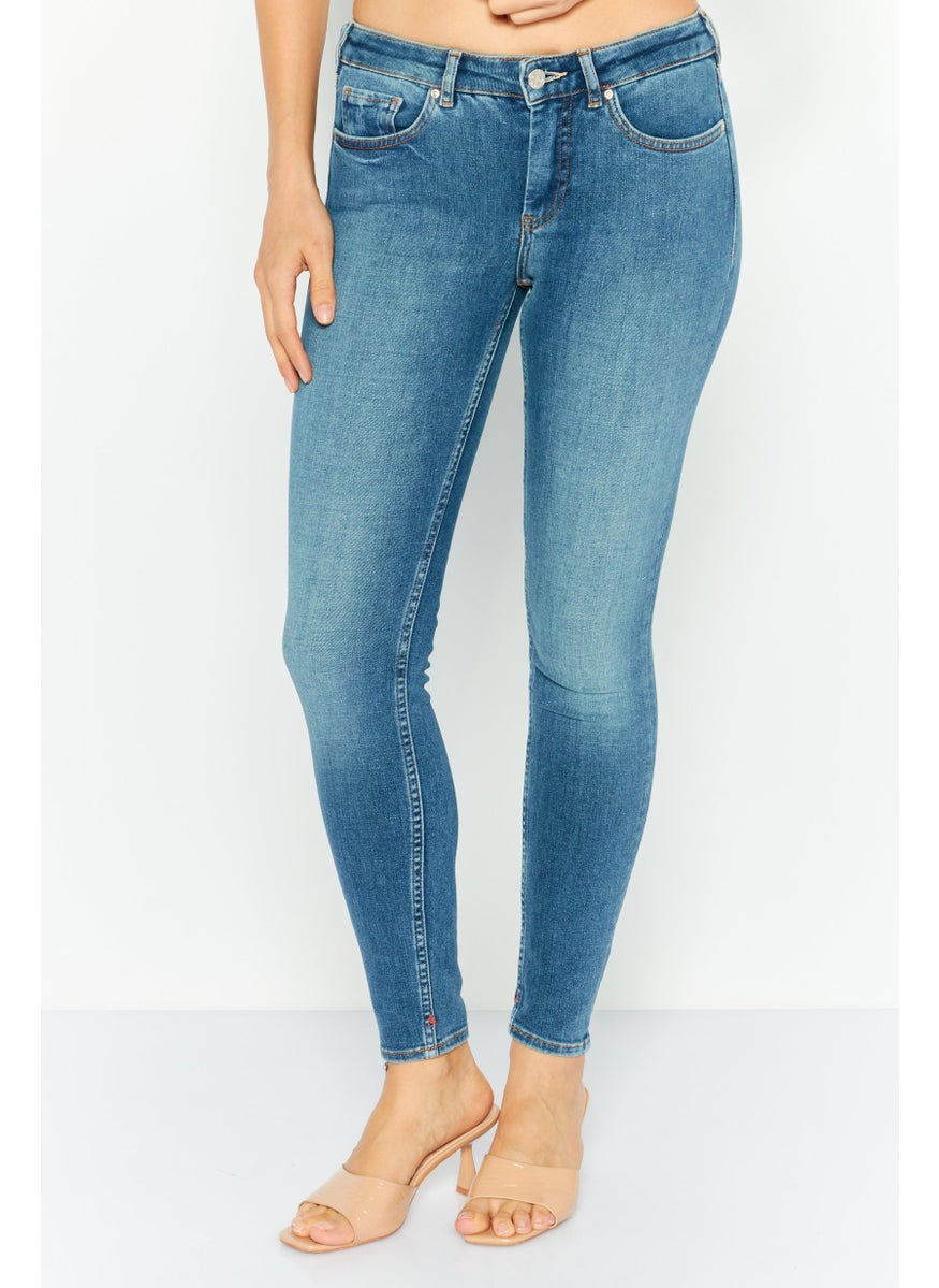 Women Skinny Fit Mid Rise Washed Stretchable Straight Leg Denim, Blue