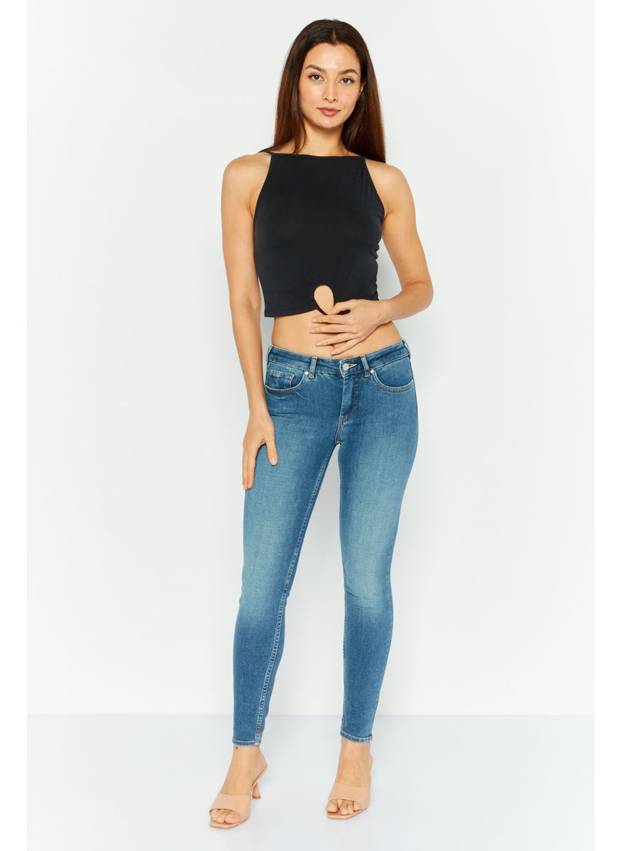 Women Skinny Fit Mid Rise Washed Stretchable Straight Leg Denim, Blue