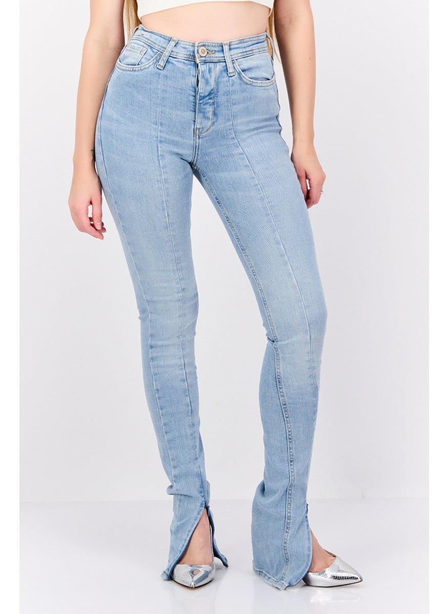 Women High Rise Light Wash Skinny Long Jeans, Light Blue