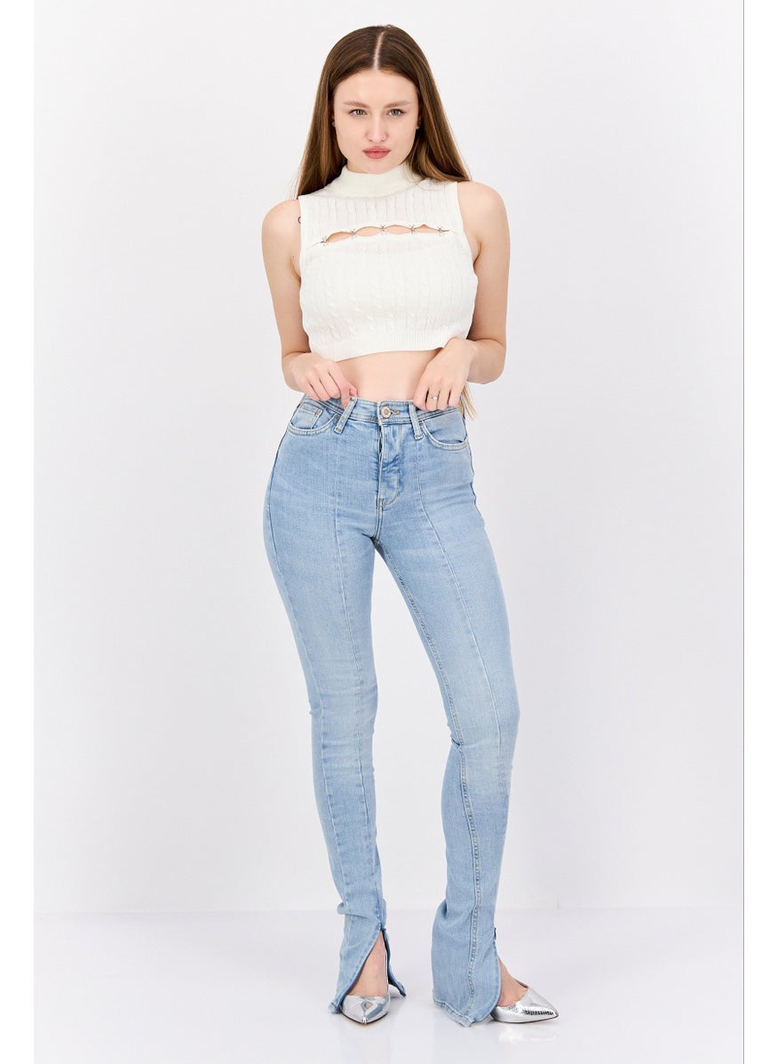 Women High Rise Light Wash Skinny Long Jeans, Light Blue