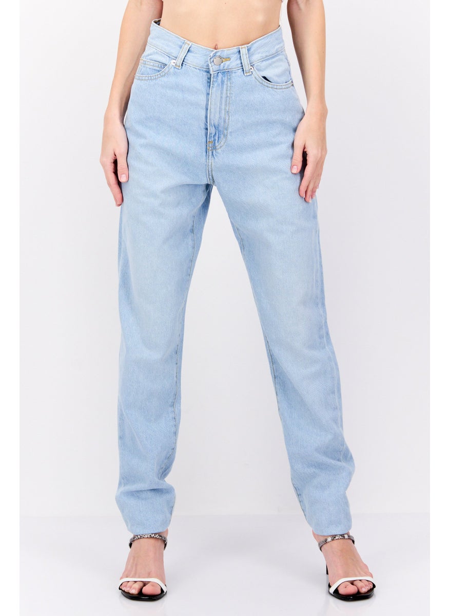Women Regular Fit Washed Denim Jeans, Light Blue
