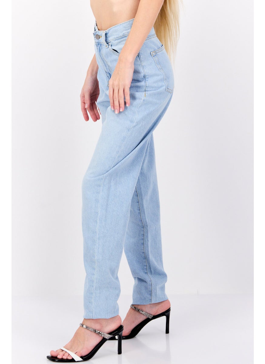 Women Regular Fit Washed Denim Jeans, Light Blue