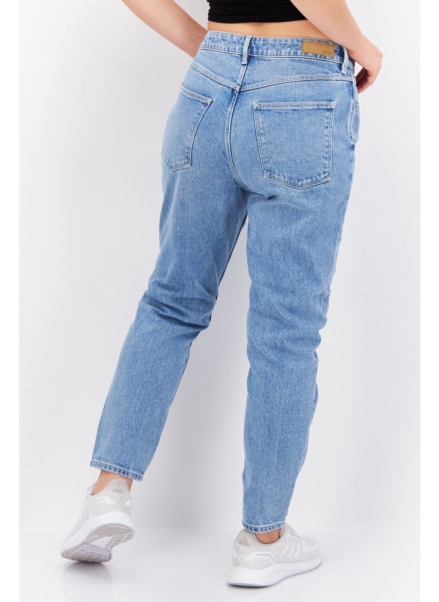 Women Mom Fit Washed Stretchable Jeans, Light Blue