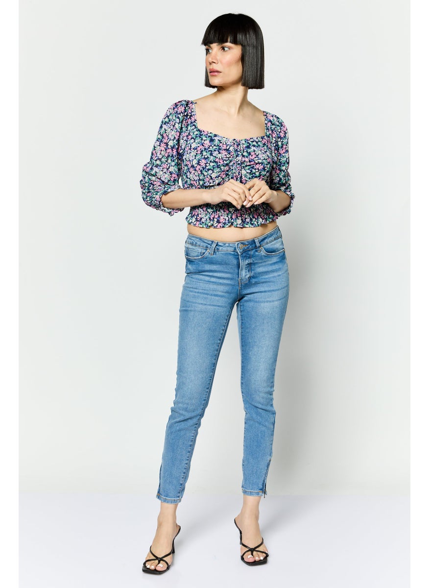 Women Regular Fit 32 Inseam Washed Denim Jeans, Blue