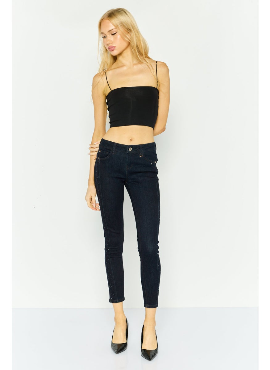 Women Mid Waist Textured Skinny Jeans, Navy