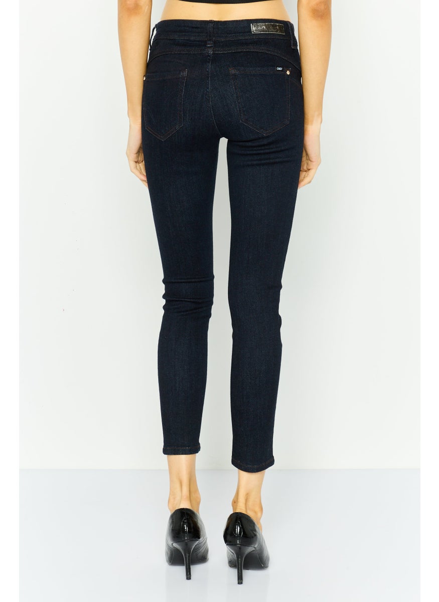 Women Mid Waist Textured Skinny Jeans, Navy