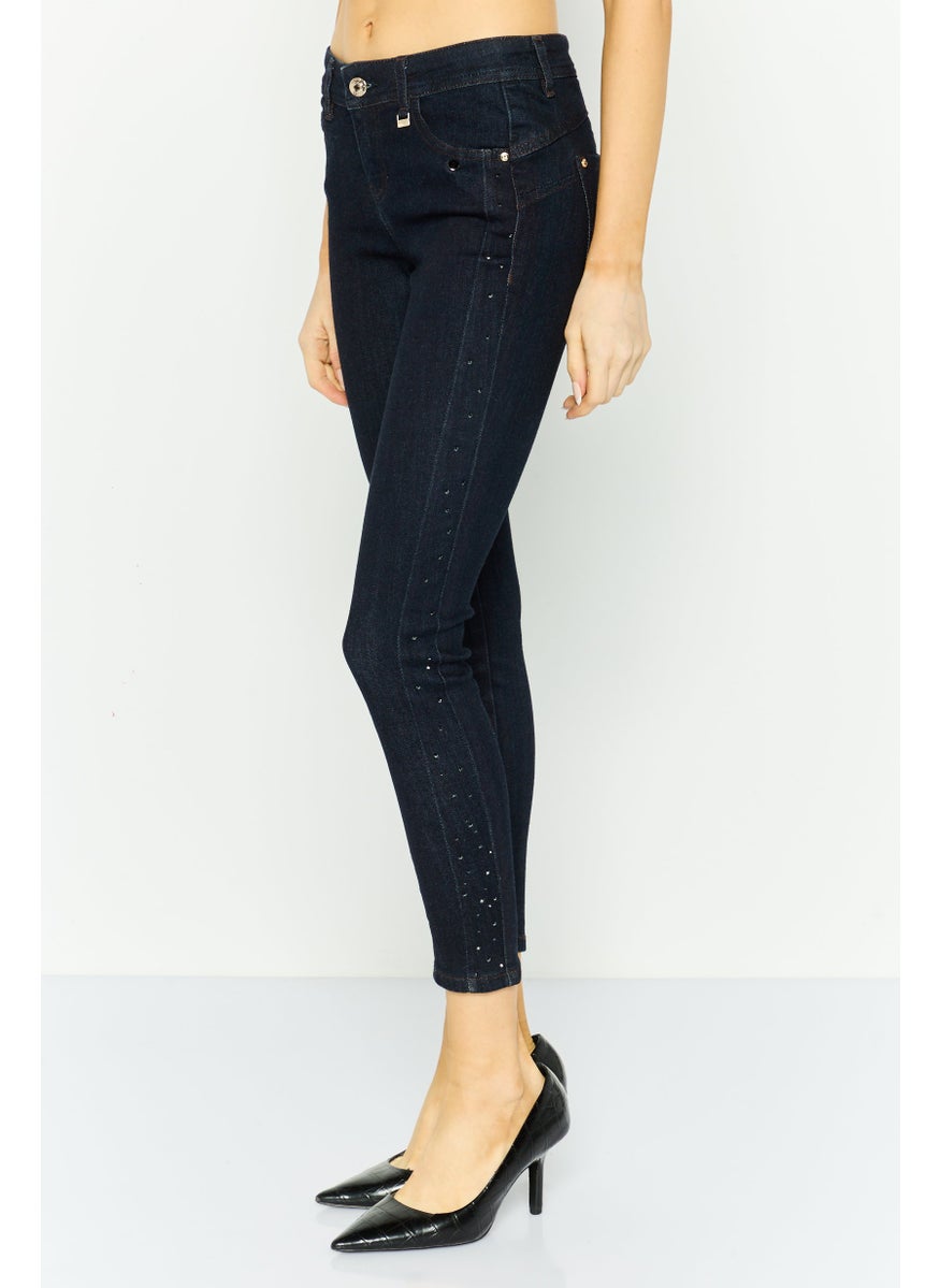 Women Mid Waist Textured Skinny Jeans, Navy