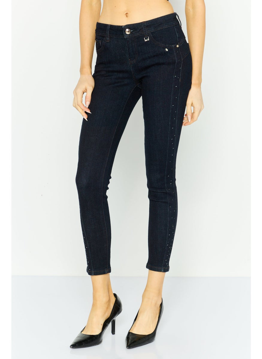 Women Mid Waist Textured Skinny Jeans, Navy