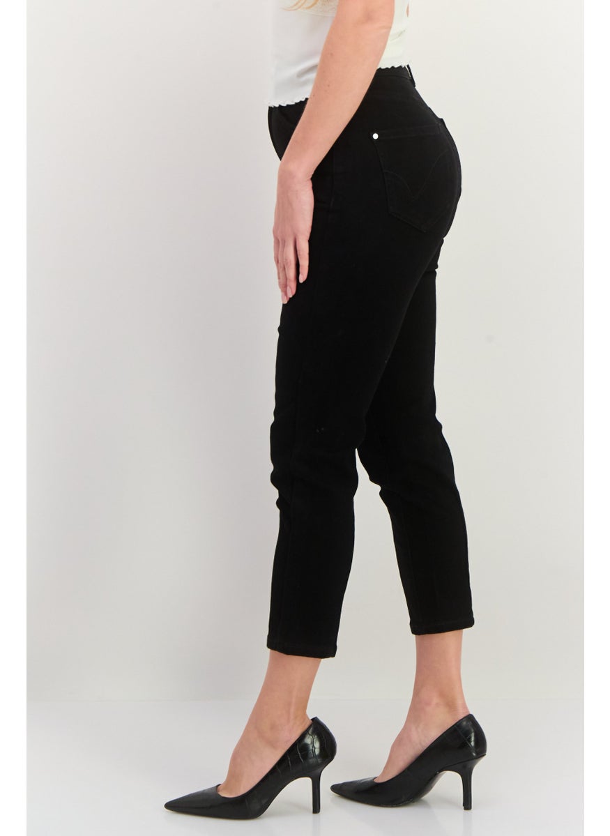 Women Cigarette Fit Plain Stretchable Straight Leg Pants, Black