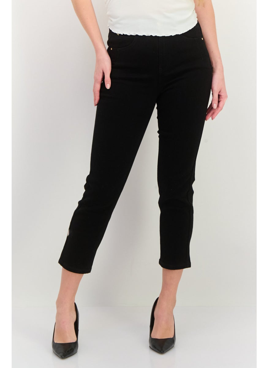 Women Cigarette Fit Plain Stretchable Straight Leg Pants, Black