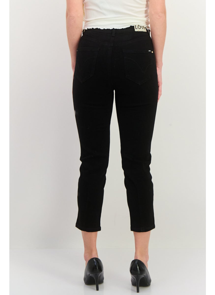 Women Cigarette Fit Plain Stretchable Straight Leg Pants, Black