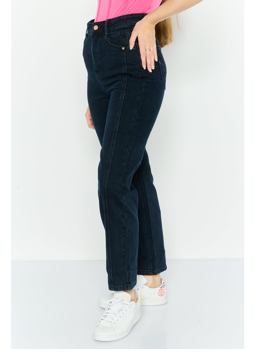Women Mom Fit High Waist Plain No-Stretch Straight Leg Jeans, Navy Blue