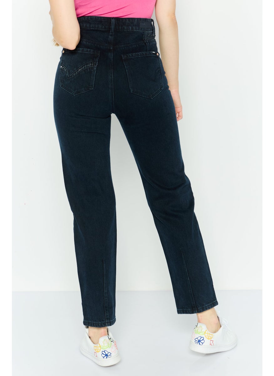 Women Mom Fit High Waist Plain No-Stretch Straight Leg Jeans, Navy Blue