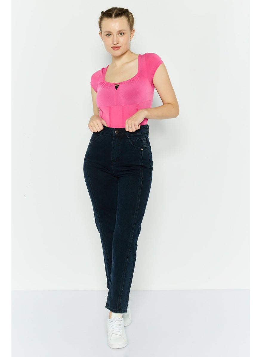 Women Mom Fit High Waist Plain No-Stretch Straight Leg Jeans, Navy Blue