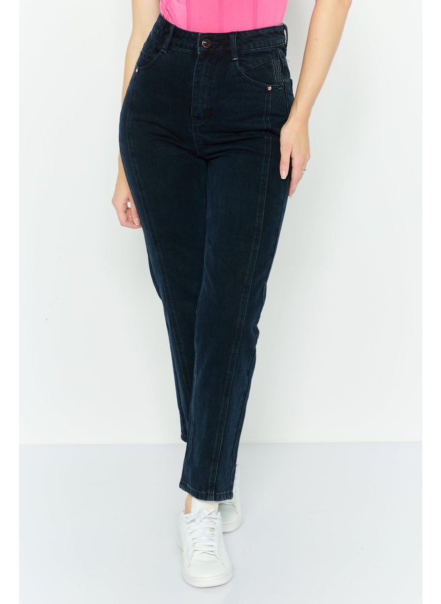 Women Mom Fit High Waist Plain No-Stretch Straight Leg Jeans, Navy Blue
