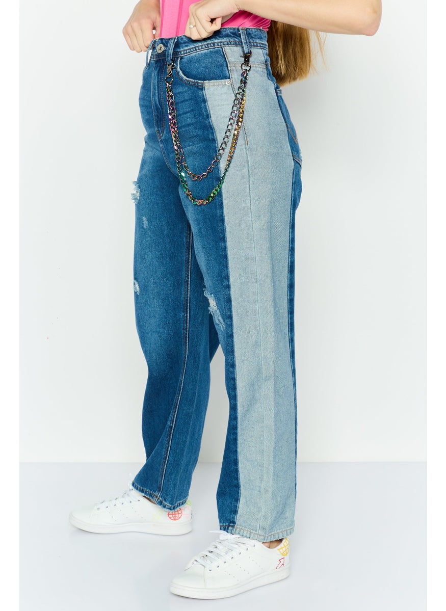 Women Regular Fit Color Block Denim Jeans, Washed Blue