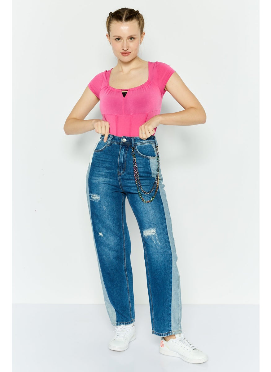 Women Regular Fit Color Block Denim Jeans, Washed Blue