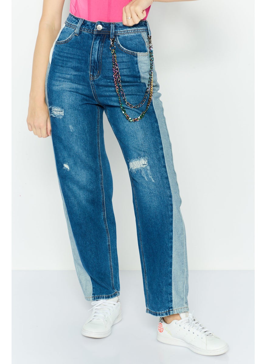 Women Regular Fit Color Block Denim Jeans, Washed Blue