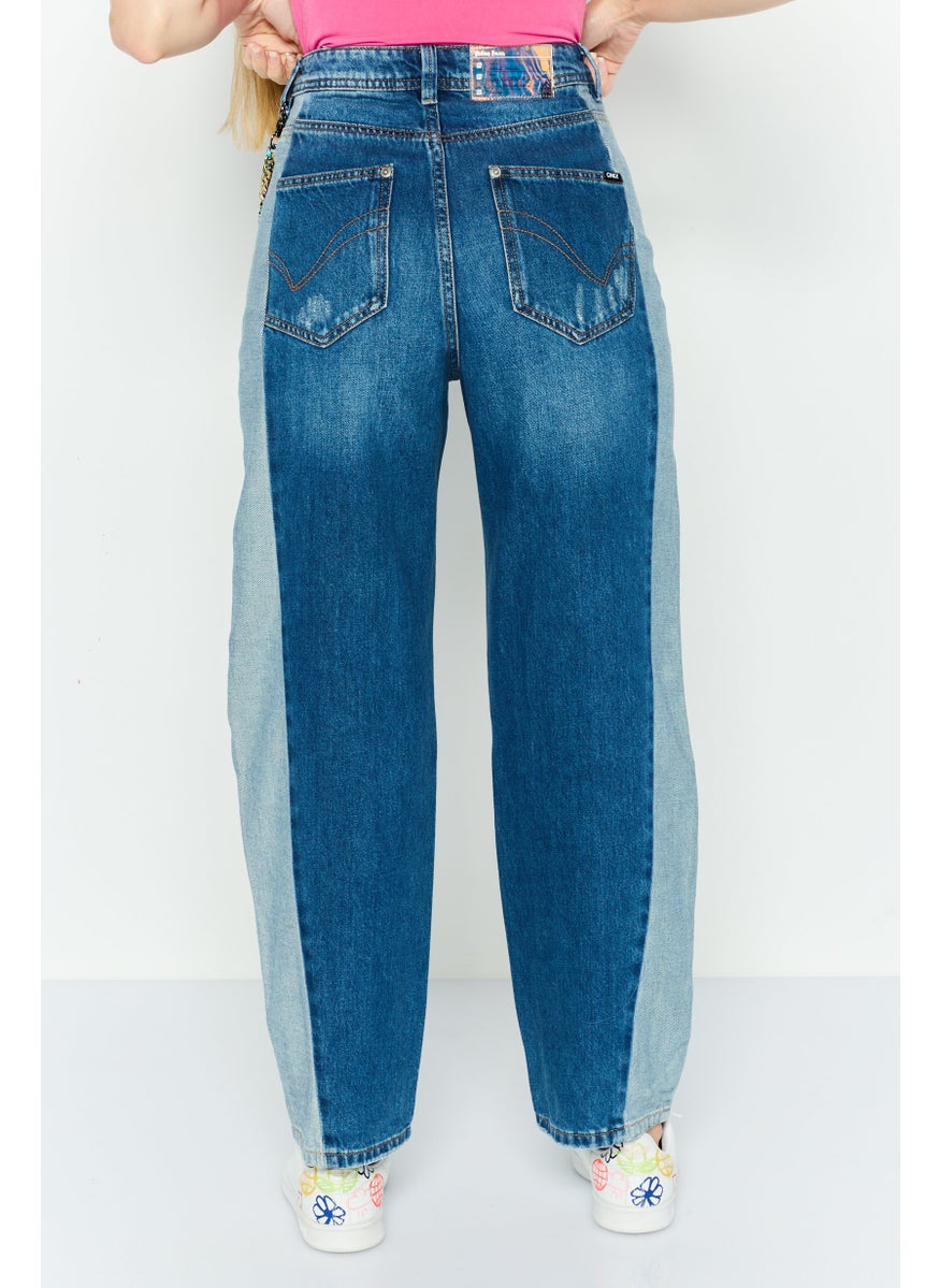 Women Regular Fit Color Block Denim Jeans, Washed Blue
