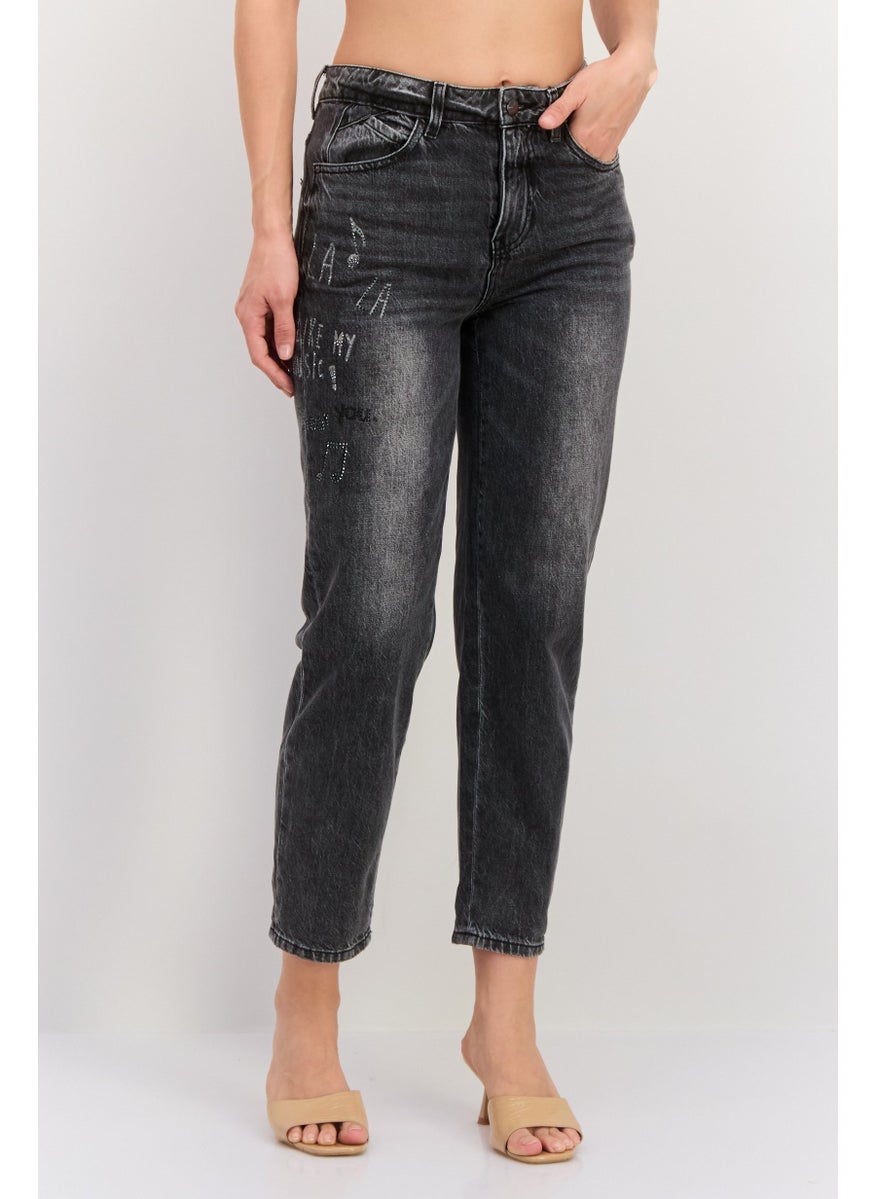 Women Regular Fit Washed Denim Jeans, Charcoal Grey