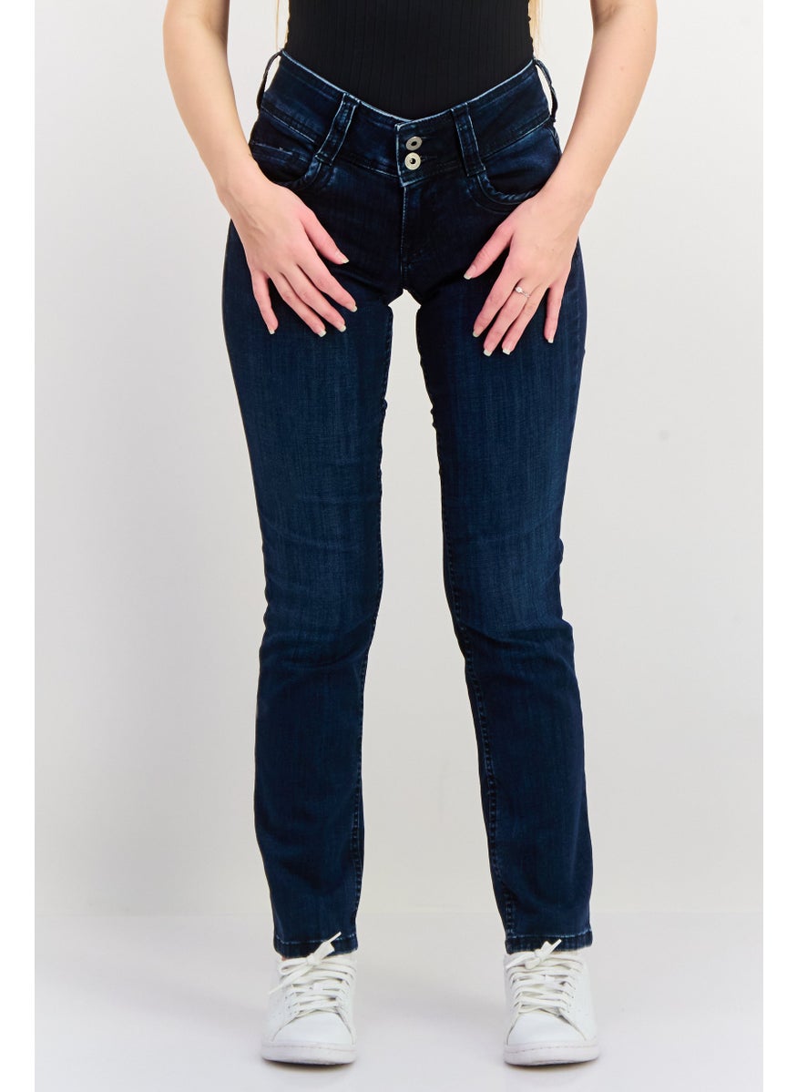 Women Straight Washed Stretchable Jeans, Dark Denim