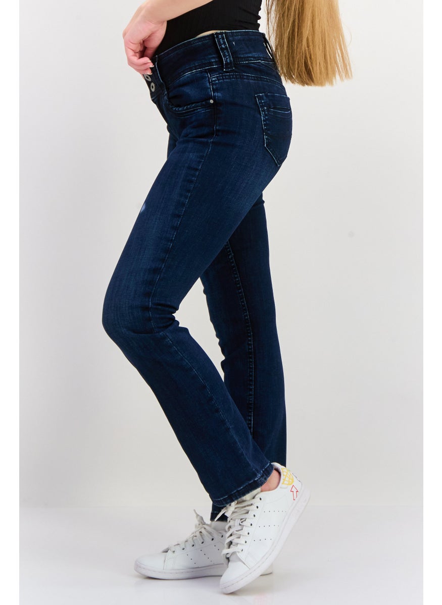 Women Straight Washed Stretchable Jeans, Dark Denim