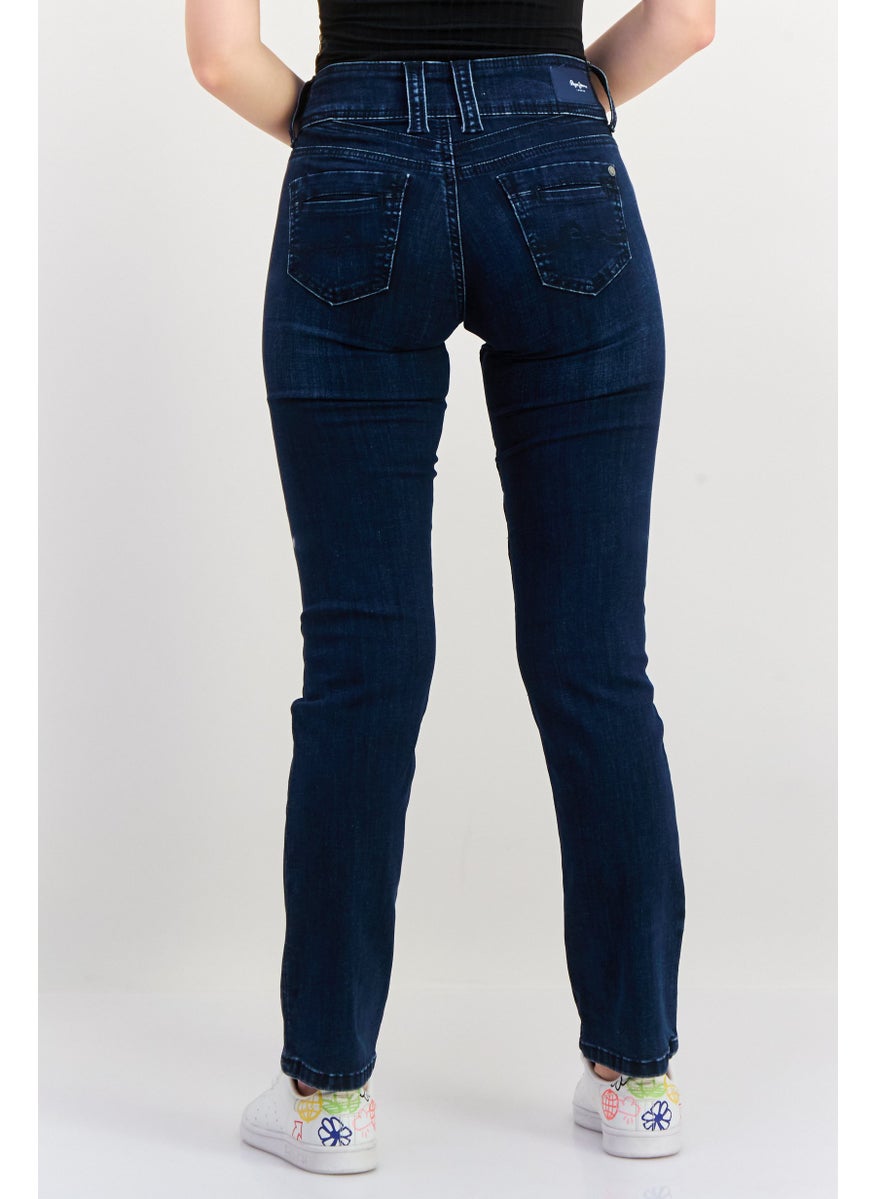 Women Straight Washed Stretchable Jeans, Dark Denim