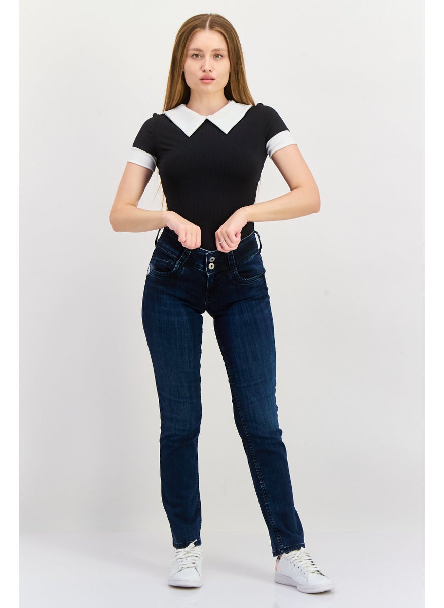 Women Straight Washed Stretchable Jeans, Dark Denim