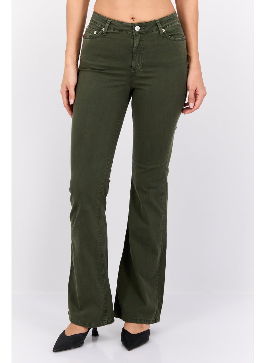 Women Flare Fit Solid Wide Leg Stretchable Jeans, Olive