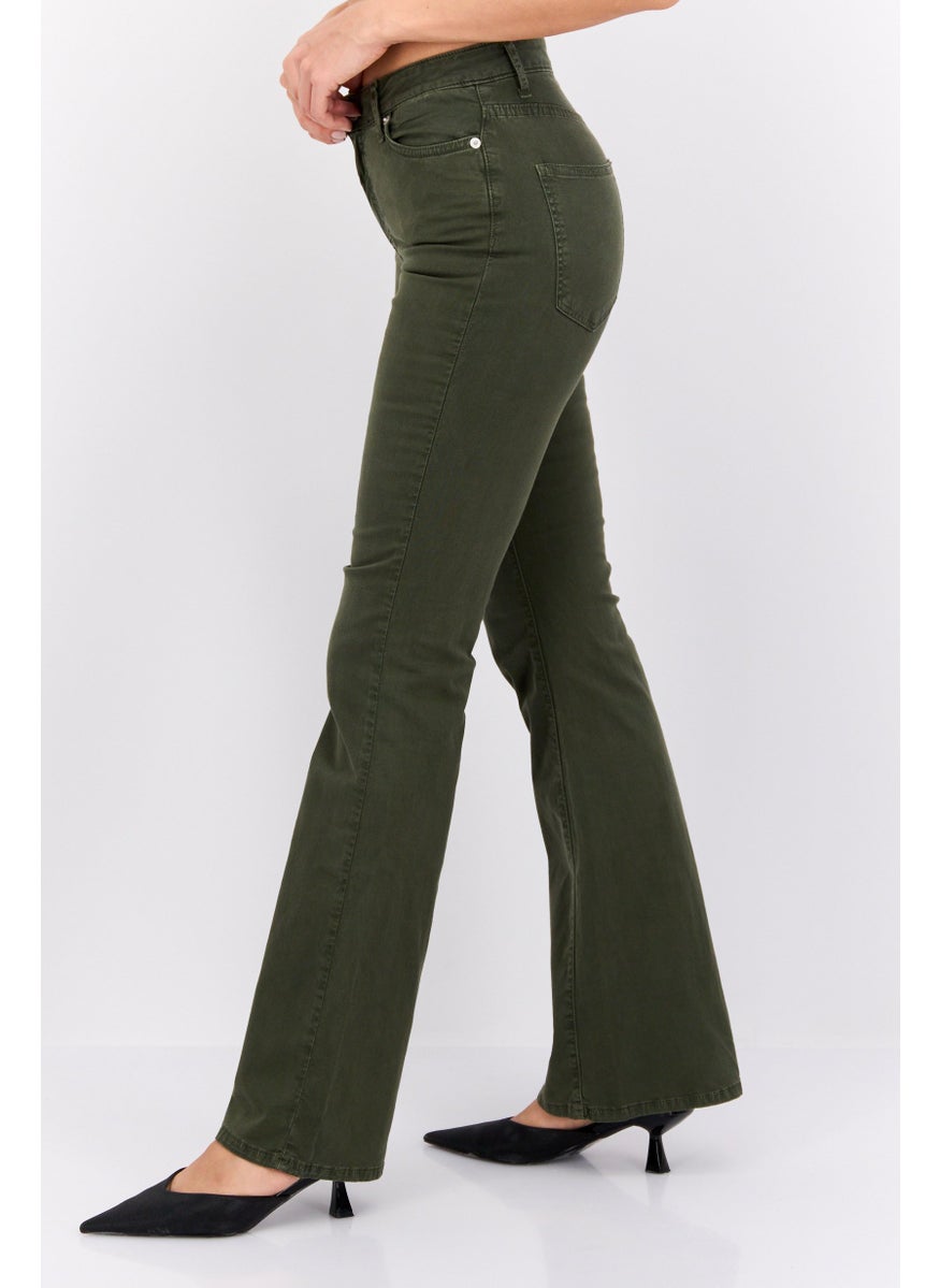 Women Flare Fit Solid Wide Leg Stretchable Jeans, Olive
