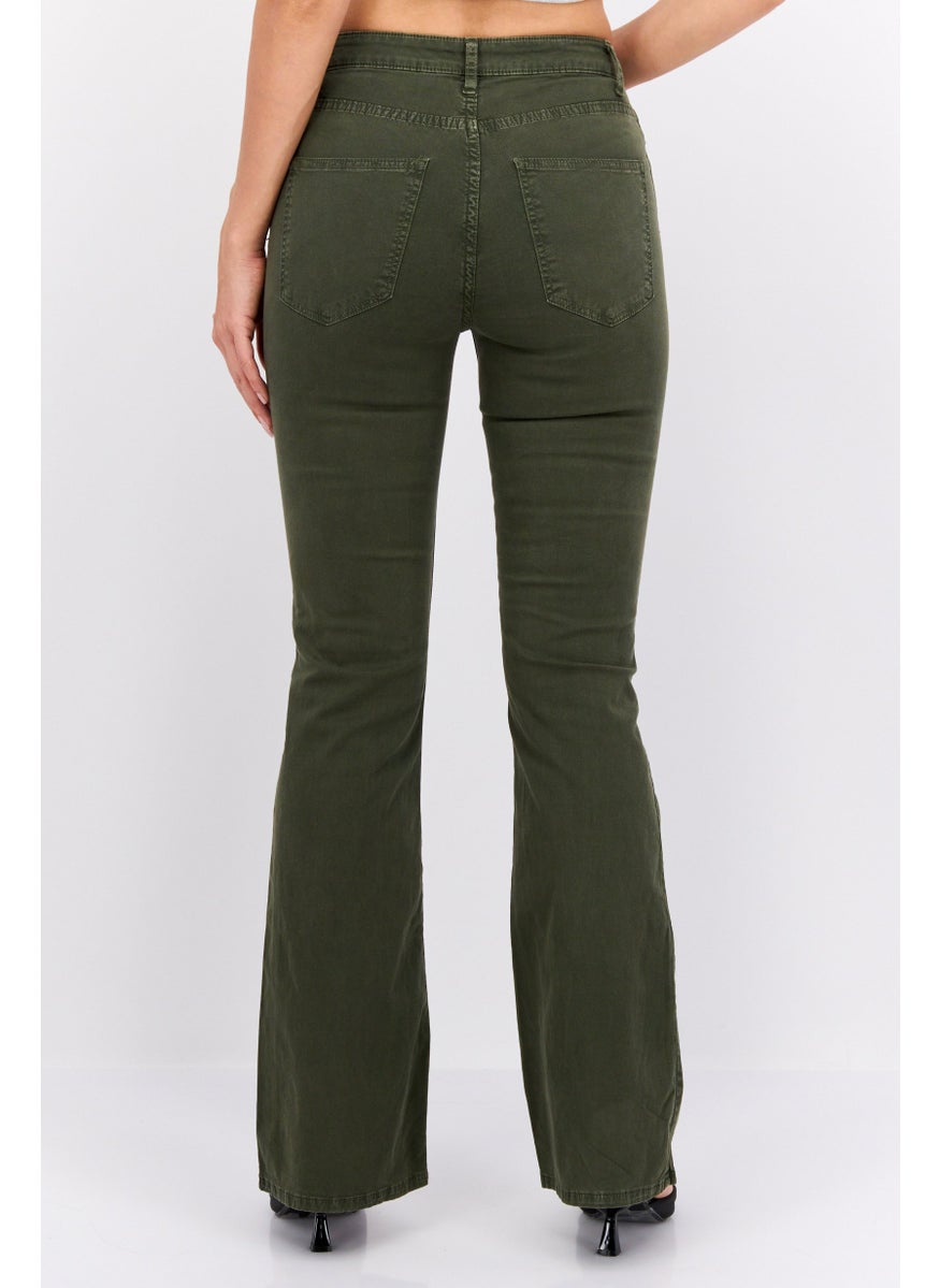 Women Flare Fit Solid Wide Leg Stretchable Jeans, Olive