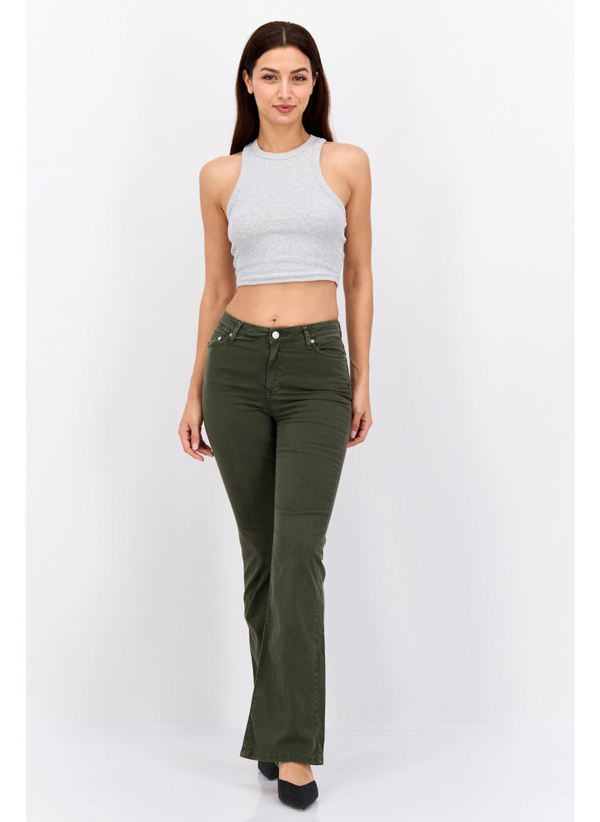 Women Flare Fit Solid Wide Leg Stretchable Jeans, Olive