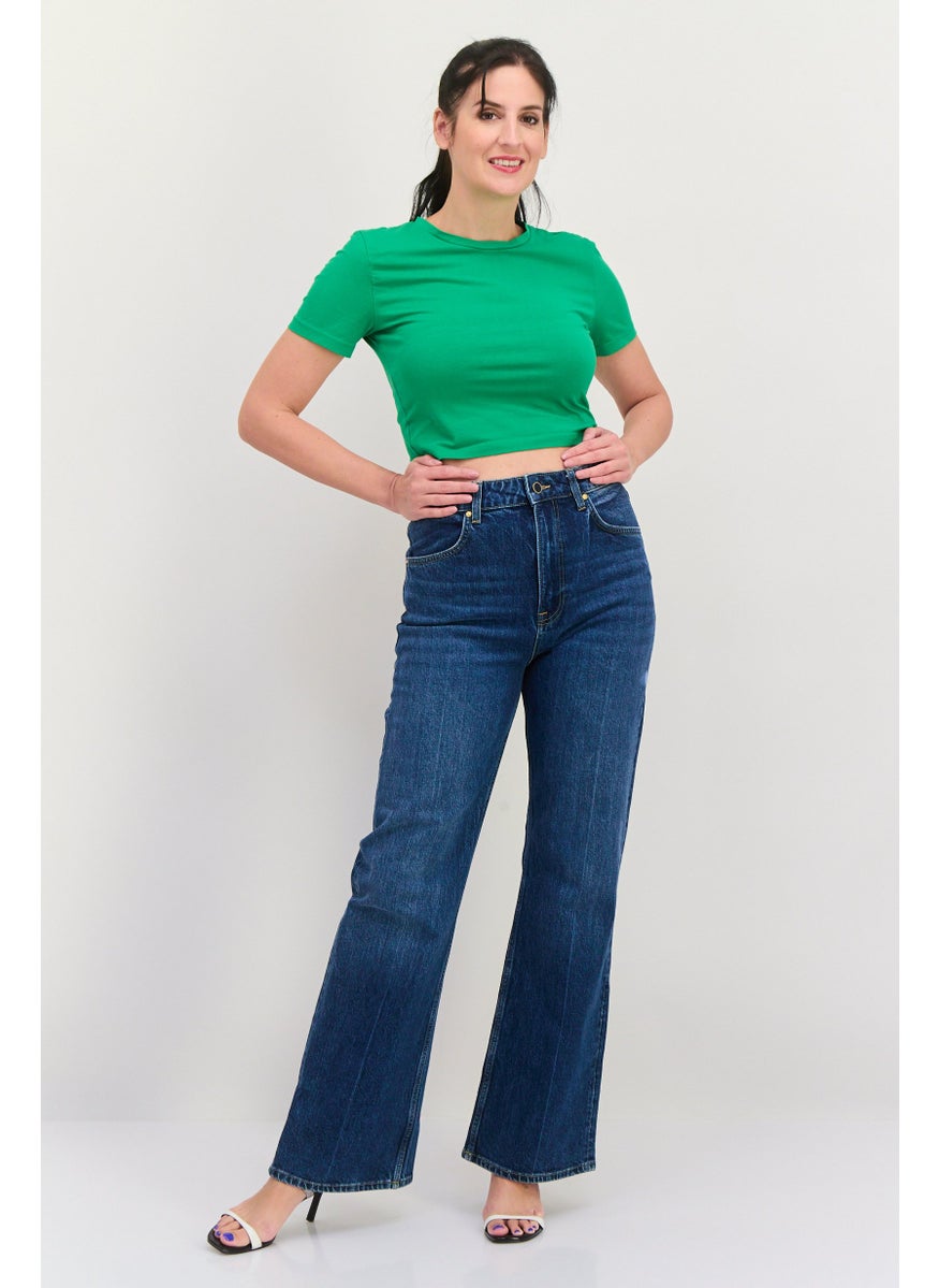 Women Regular Fit Washed Stretchable Flare Jeans, Mid Blue