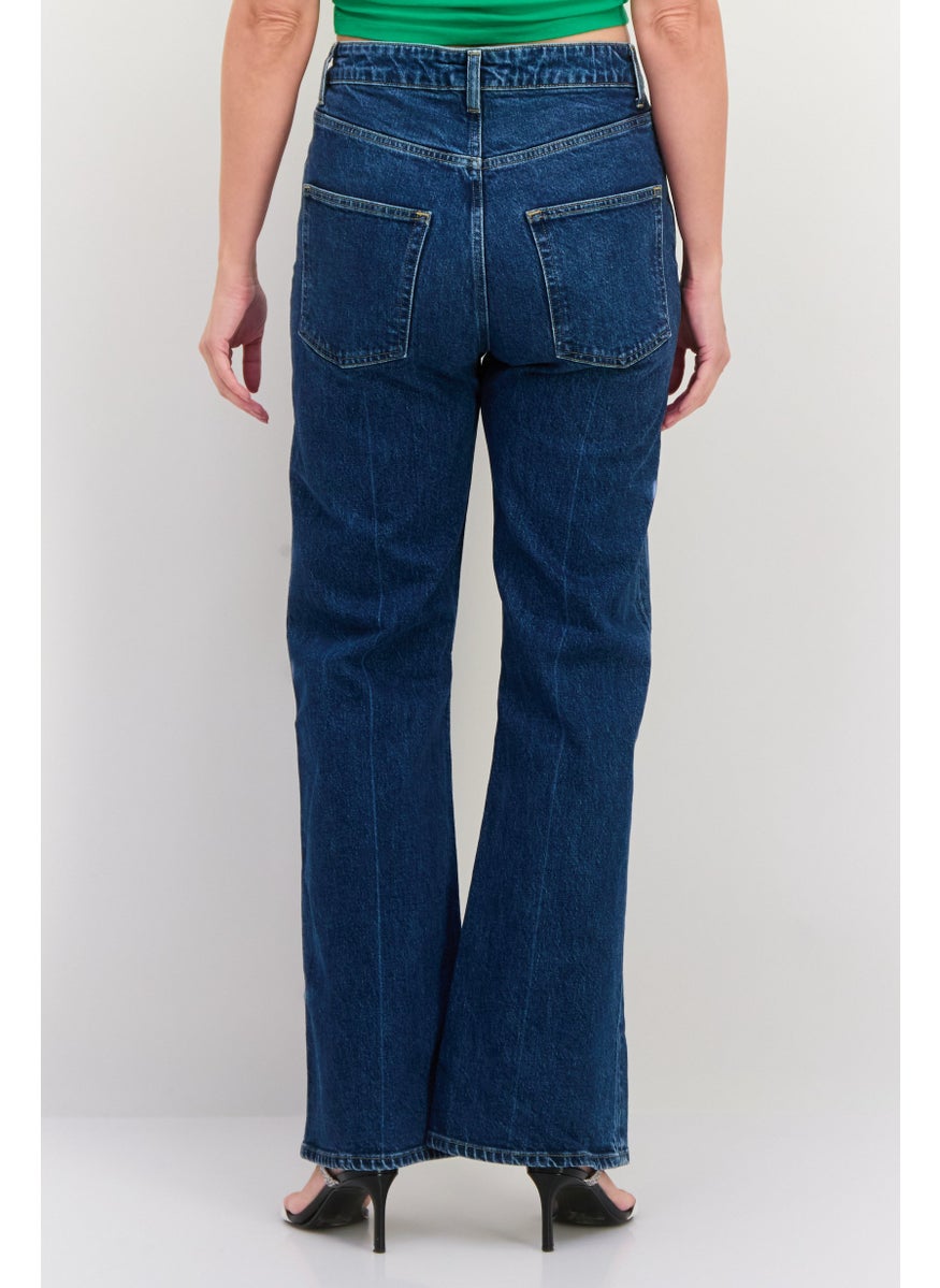 Women Regular Fit Washed Stretchable Flare Jeans, Mid Blue