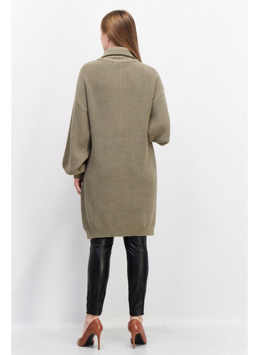 Women Mock Neck Long Sleeve Knitted Sweater, Khaki