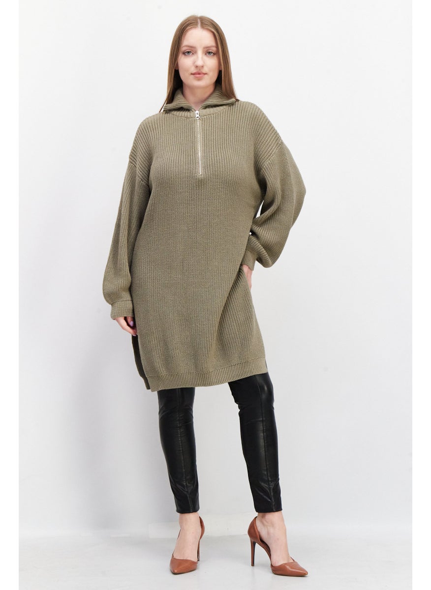 Women Mock Neck Long Sleeve Knitted Sweater, Khaki