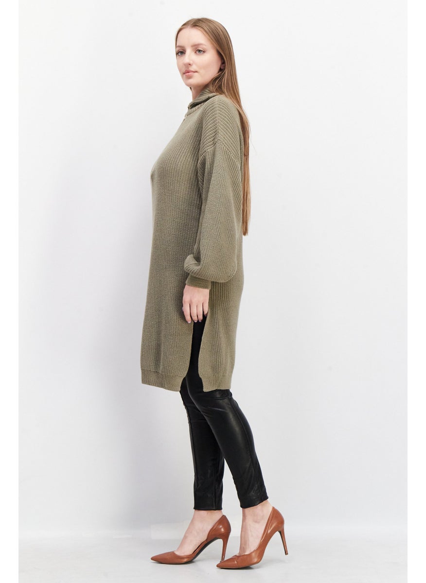 Women Mock Neck Long Sleeve Knitted Sweater, Khaki