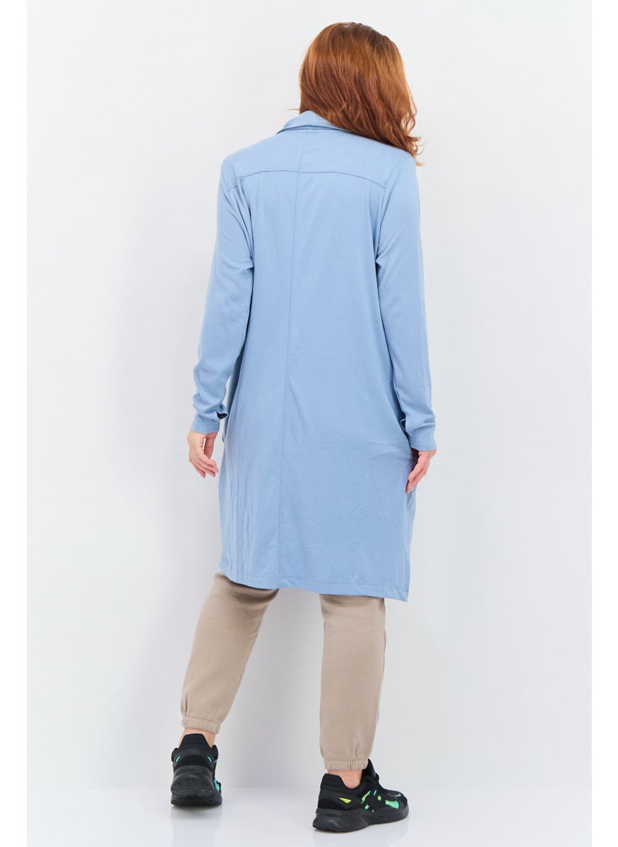Women Split Neck Long Sleeve Plain Open Front Cardigans, Slate Blue
