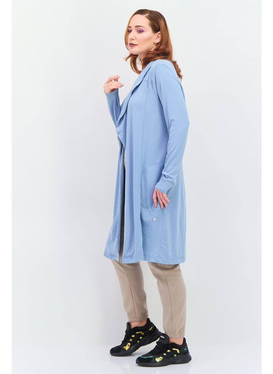 Women Split Neck Long Sleeve Plain Open Front Cardigans, Slate Blue