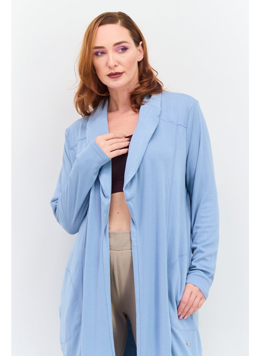 Women Split Neck Long Sleeve Plain Open Front Cardigans, Slate Blue