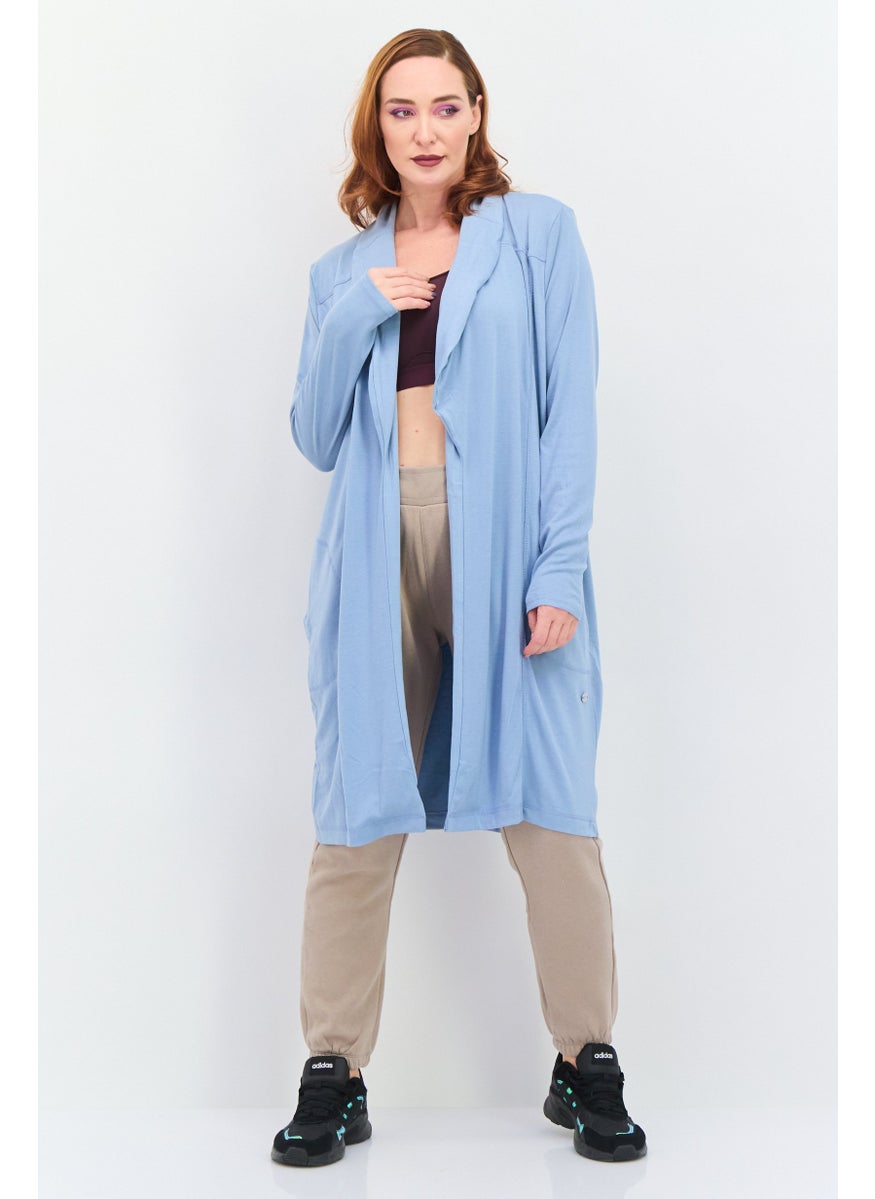 Women Split Neck Long Sleeve Plain Open Front Cardigans, Slate Blue