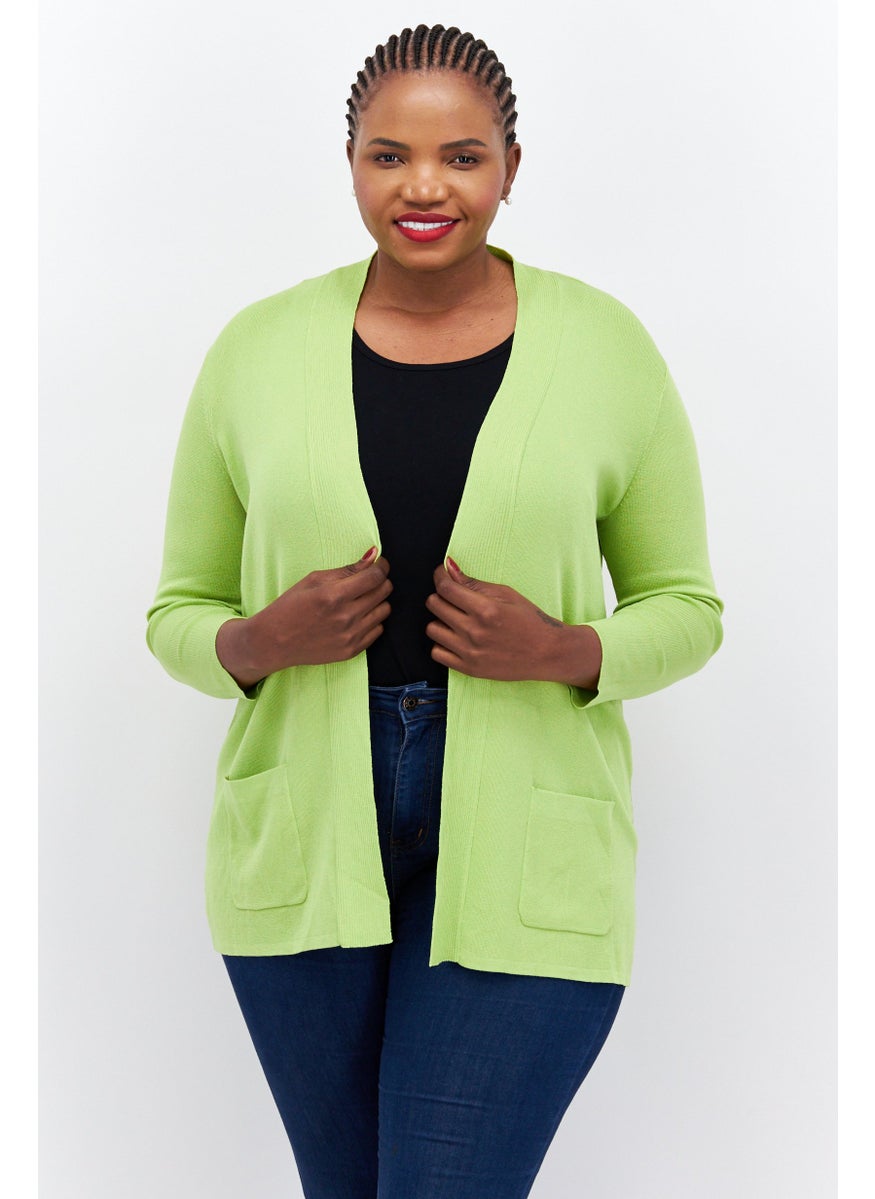 Women Plus Size Split Neck Textured Cardigan, Green