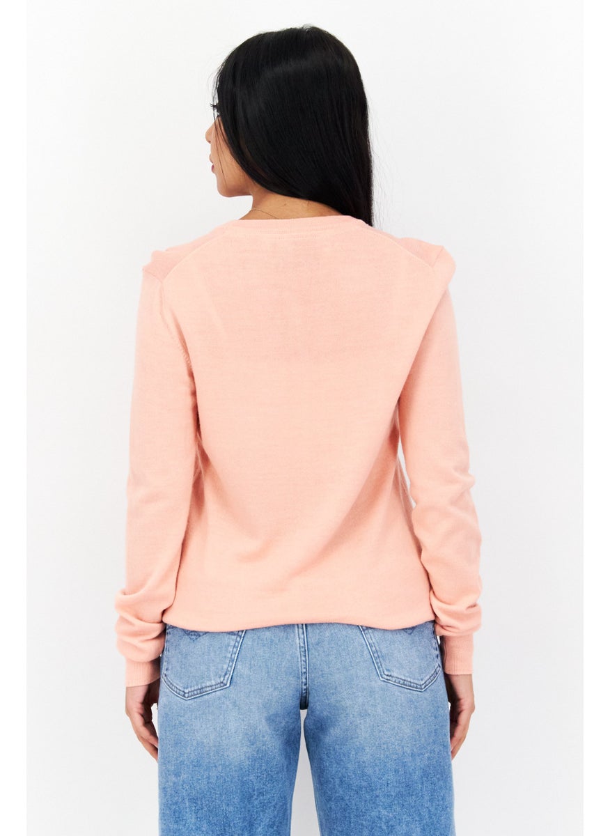Women V-Neck Brand Logo Long Sleeve Sweater, Pink