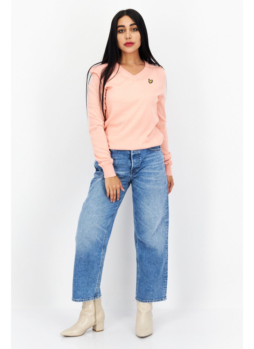 Women V-Neck Brand Logo Long Sleeve Sweater, Pink