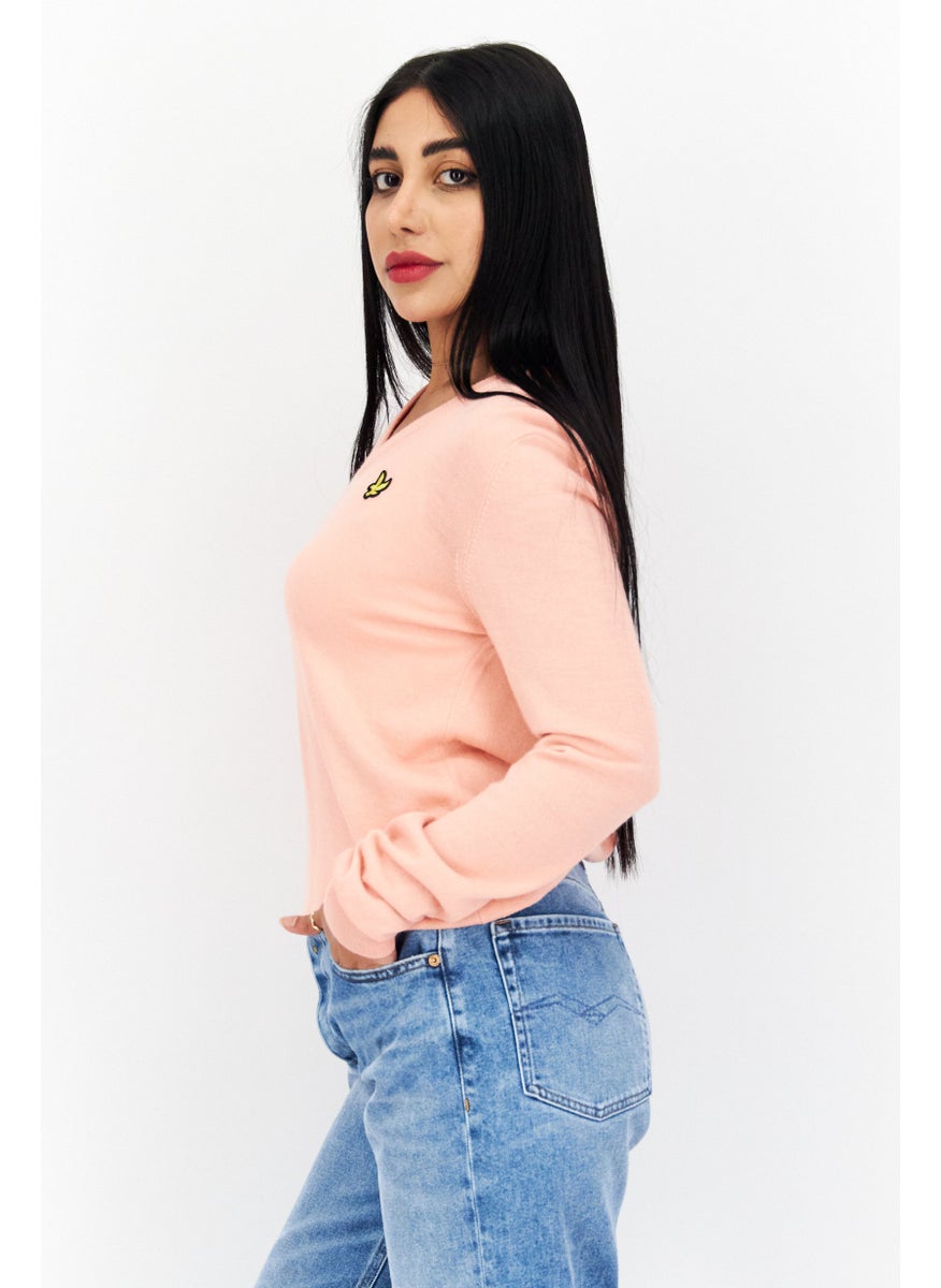 Women V-Neck Brand Logo Long Sleeve Sweater, Pink